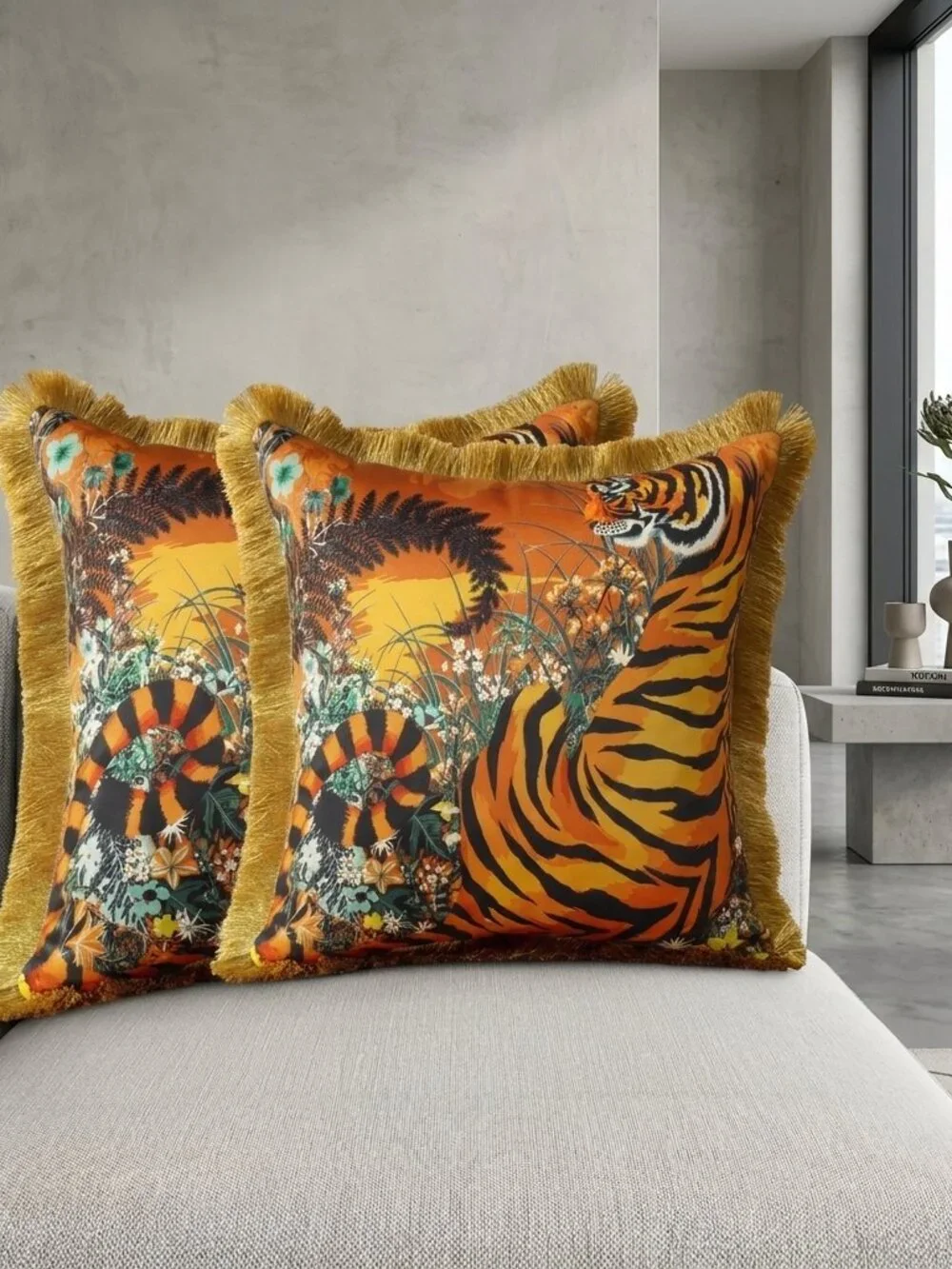 2 pcs NEW Bold & Luxe tiger jungle animal Fringe Throw Pillow case Cover Set